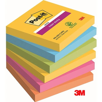 Karteczki Post-it Super Sticky 76x76mm (654-SS-CARN) 5 kolorów (6x90)